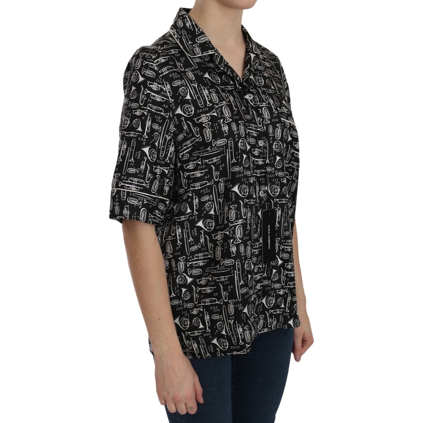 Dolce & Gabbana Musical Instrument Silk Collared Top Dolce & Gabbana Rosy Brown