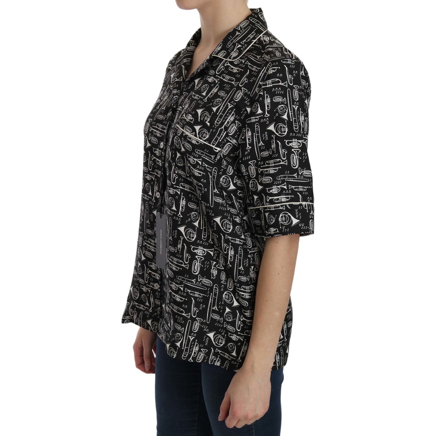 Dolce & Gabbana Musical Instrument Silk Collared Top Dolce & Gabbana Rosy Brown