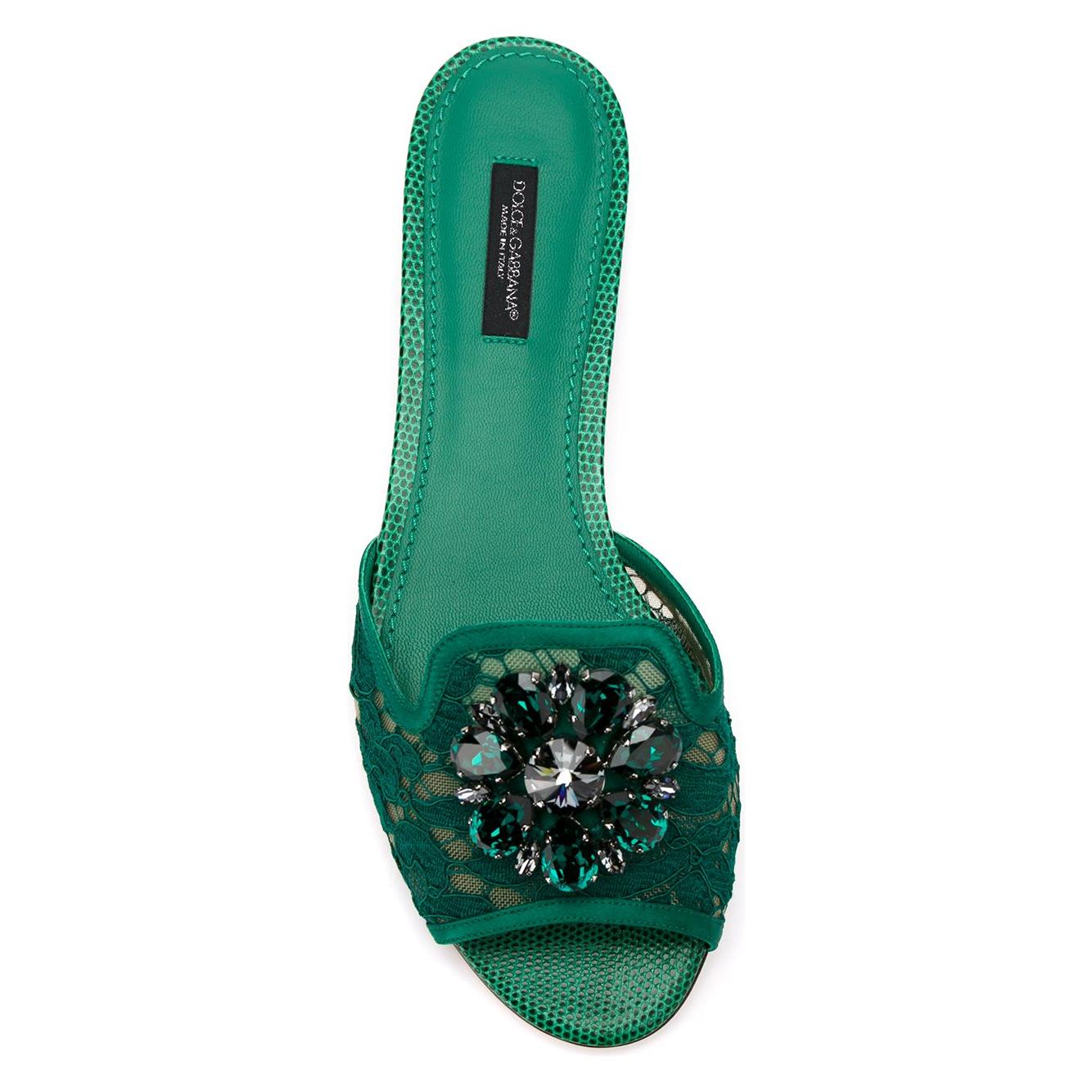 Dolce & Gabbana Slippers in lace with crystals Sandals Dolce & Gabbana Sea Green