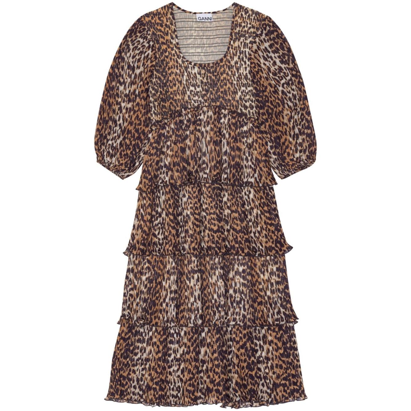 Ganni Leopard Pleated Georgette Flounce Smock Midi Dress Dresses
