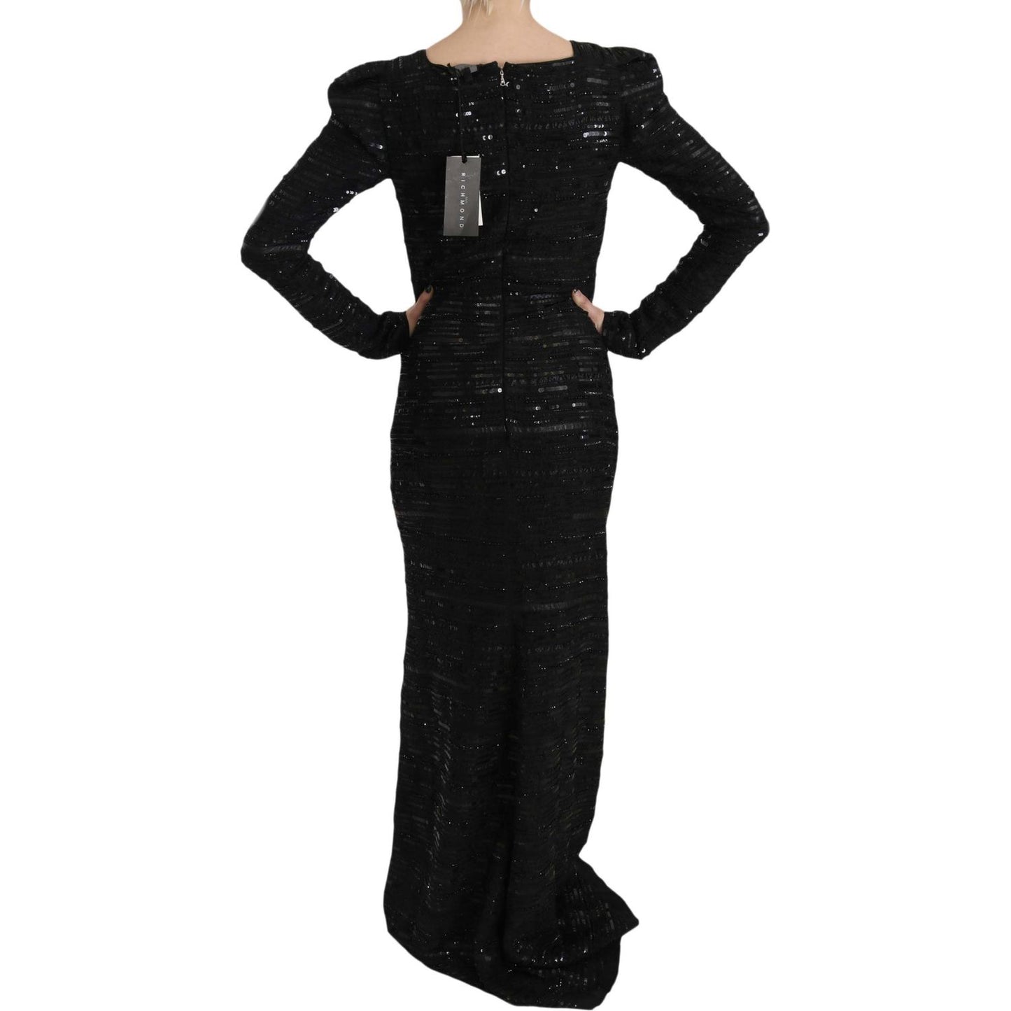 John Richmond Black Silk Sheath Maxi Dress with Sequins John Richmond Black