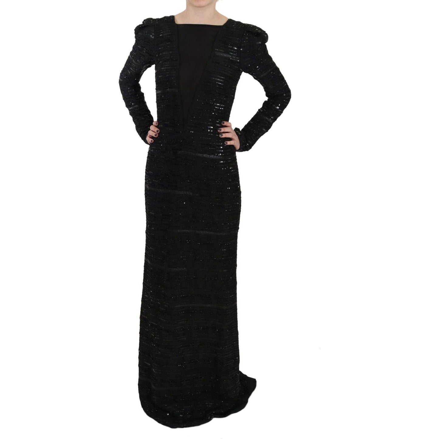 John Richmond Black Silk Sheath Maxi Dress with Sequins John Richmond Black