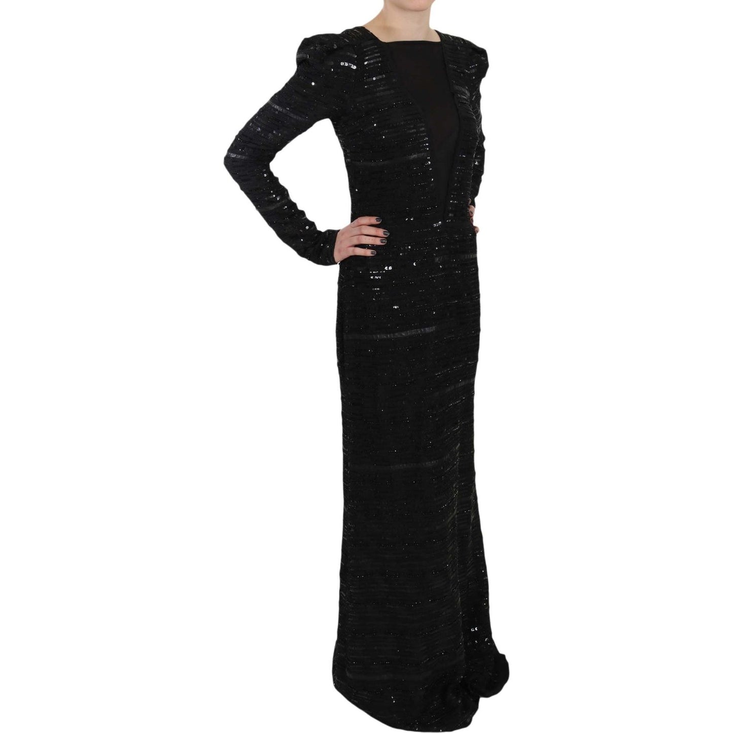 John Richmond Black Silk Sheath Maxi Dress with Sequins John Richmond Black