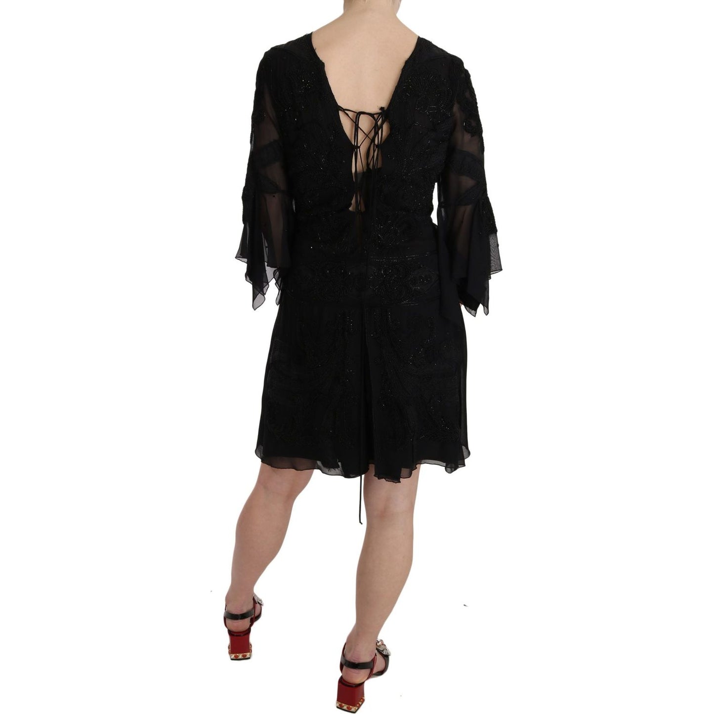 John Richmond Elegant Black Sequined Silk Mini Dress John Richmond Black