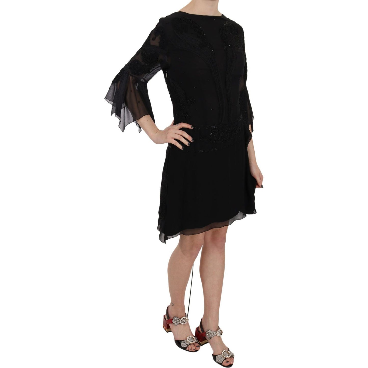 John Richmond Elegant Black Sequined Silk Mini Dress John Richmond Black