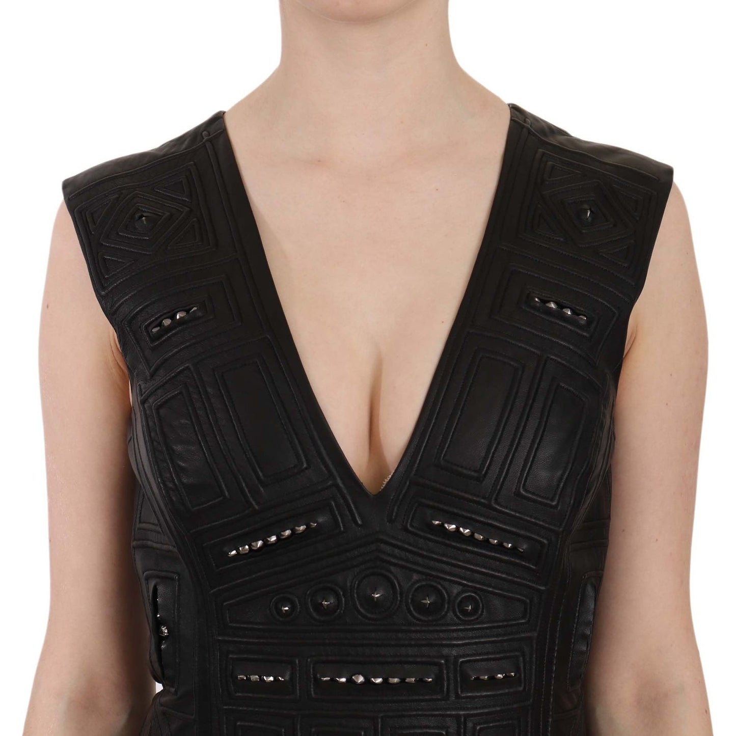 John Richmond Studded Black Leather Mini Sheath Dress John Richmond Black