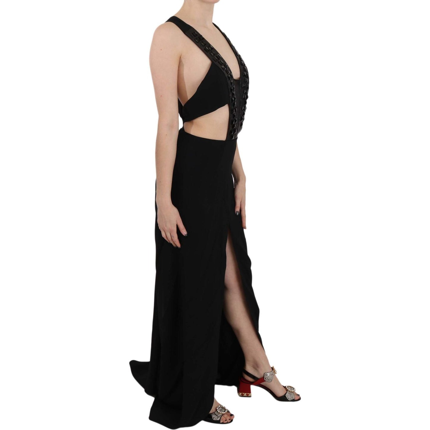 John Richmond Elegant Flare Maxi Evening Dress with Crystal Accents Dresses John Richmond Rosy Brown