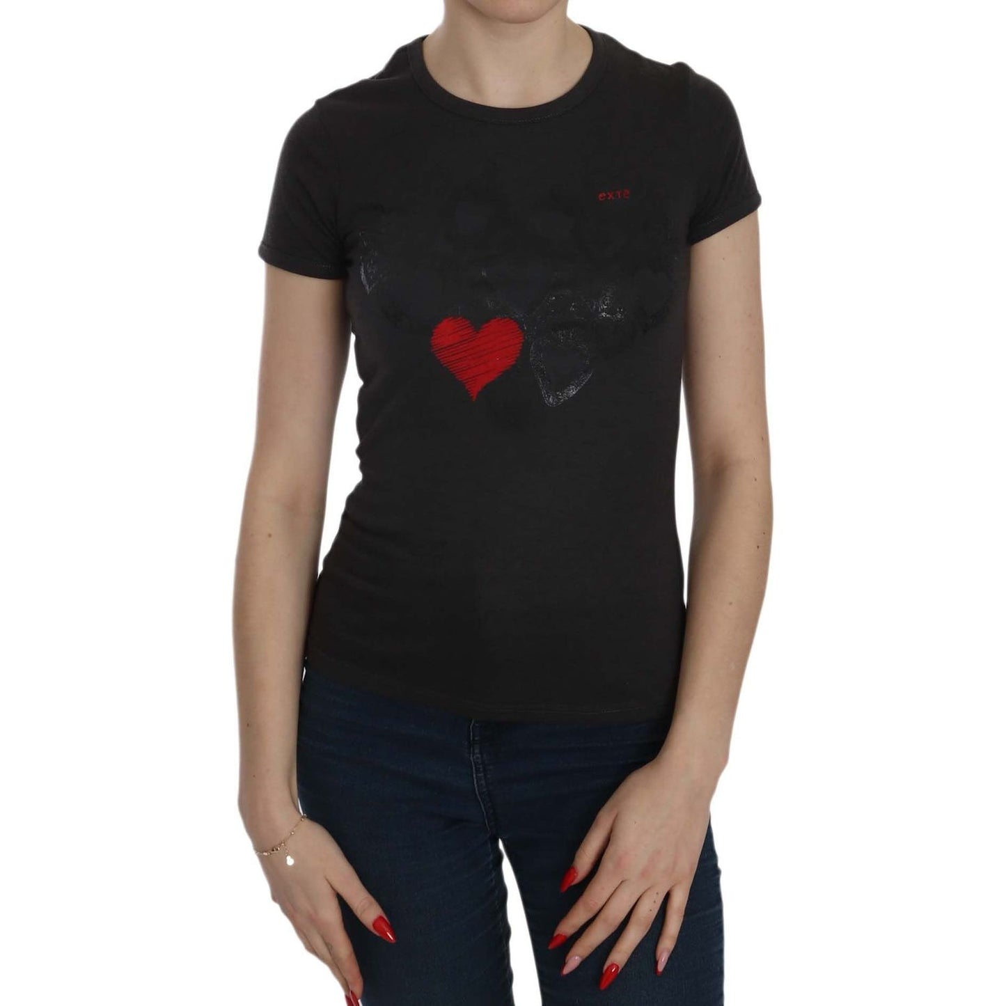 Exte Black Hearts Print Crew Neck Blouse Exte Rosy Brown