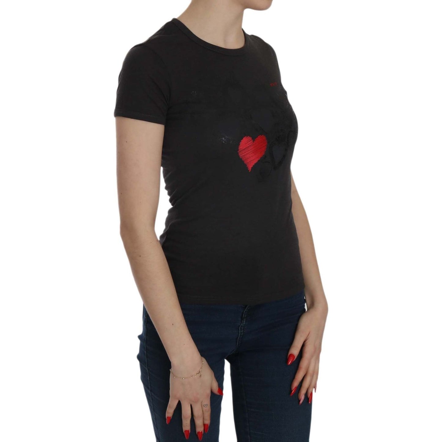 Exte Black Hearts Print Crew Neck Blouse Exte Rosy Brown