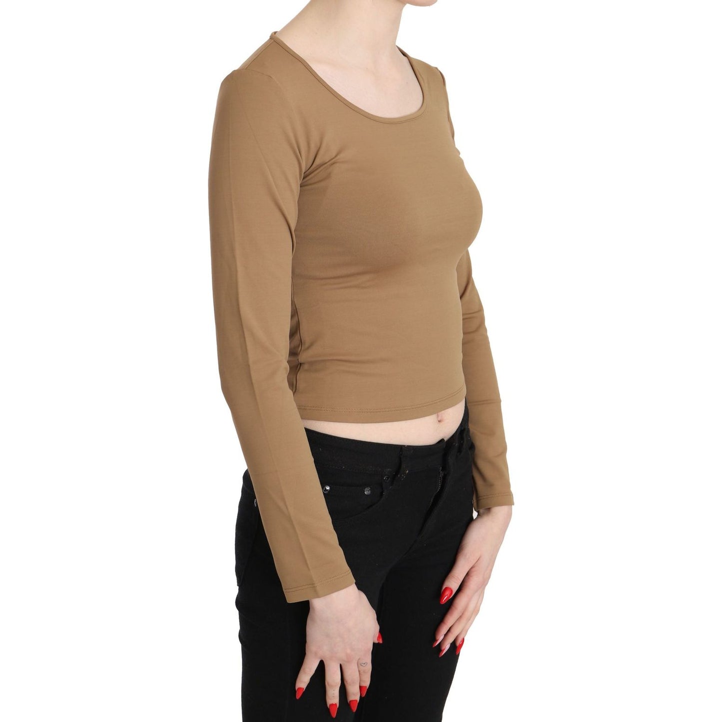 GF Ferre Brown Round Neck Long Sleeve Slim Crop Top Blouse
