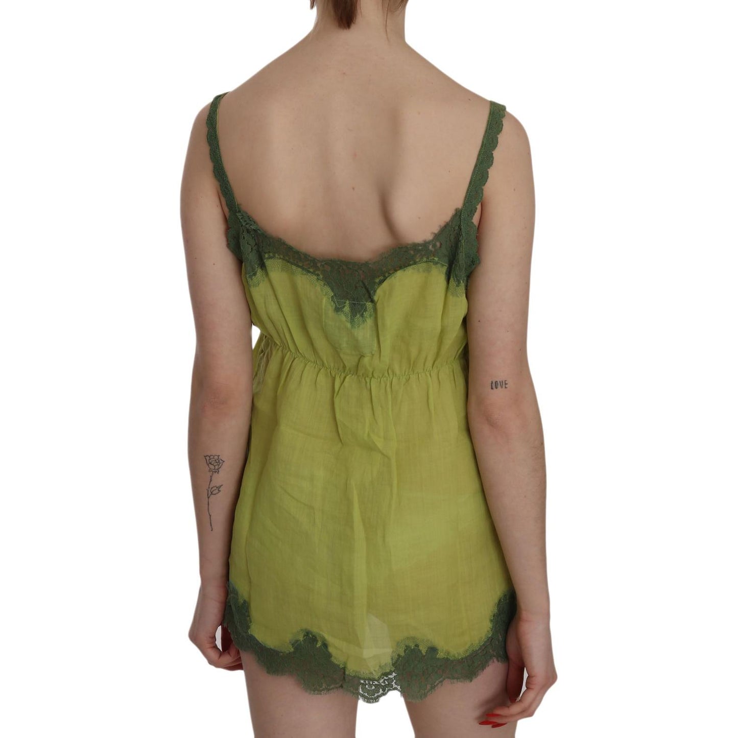 PINK MEMORIES Elegant Green Lace Linen Tank Top PINK MEMORIES Dim Gray
