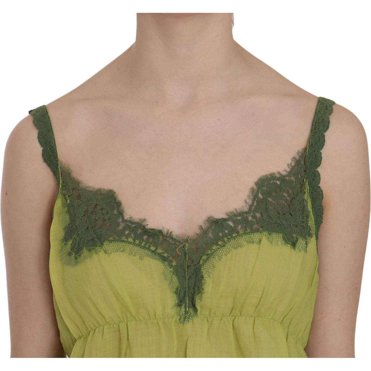 PINK MEMORIES Elegant Green Lace Linen Tank Top PINK MEMORIES Rosy Brown