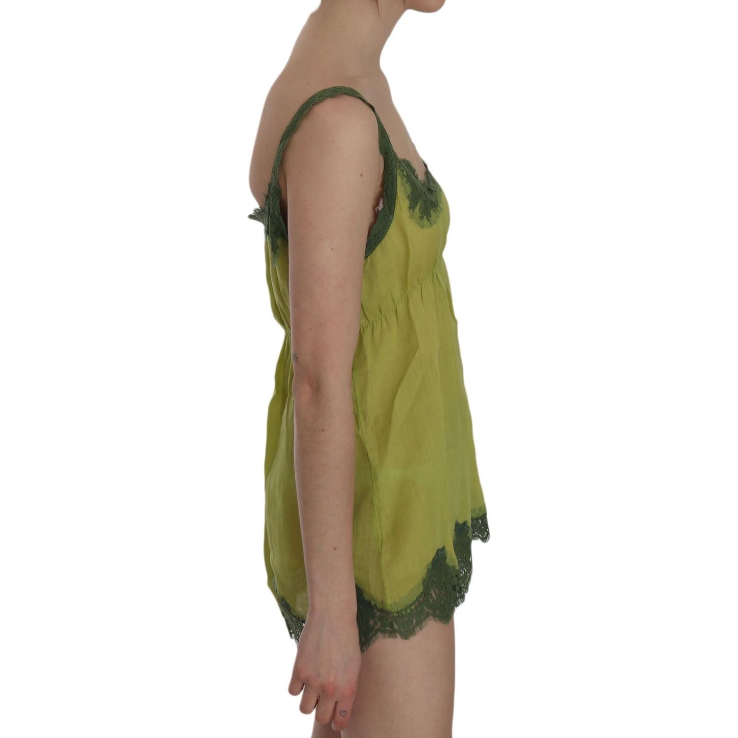PINK MEMORIES Elegant Green Lace Linen Tank Top PINK MEMORIES Dim Gray