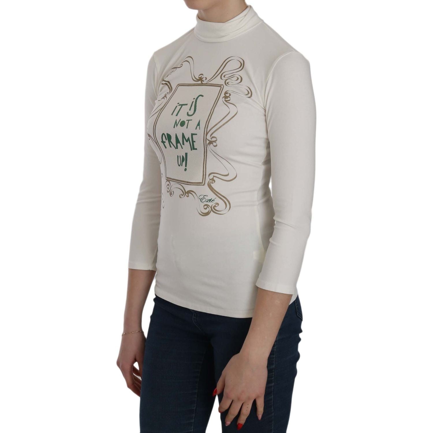 Exte White Printed Turtle Neck 3/4 Sleeve Top Cotton Blouse