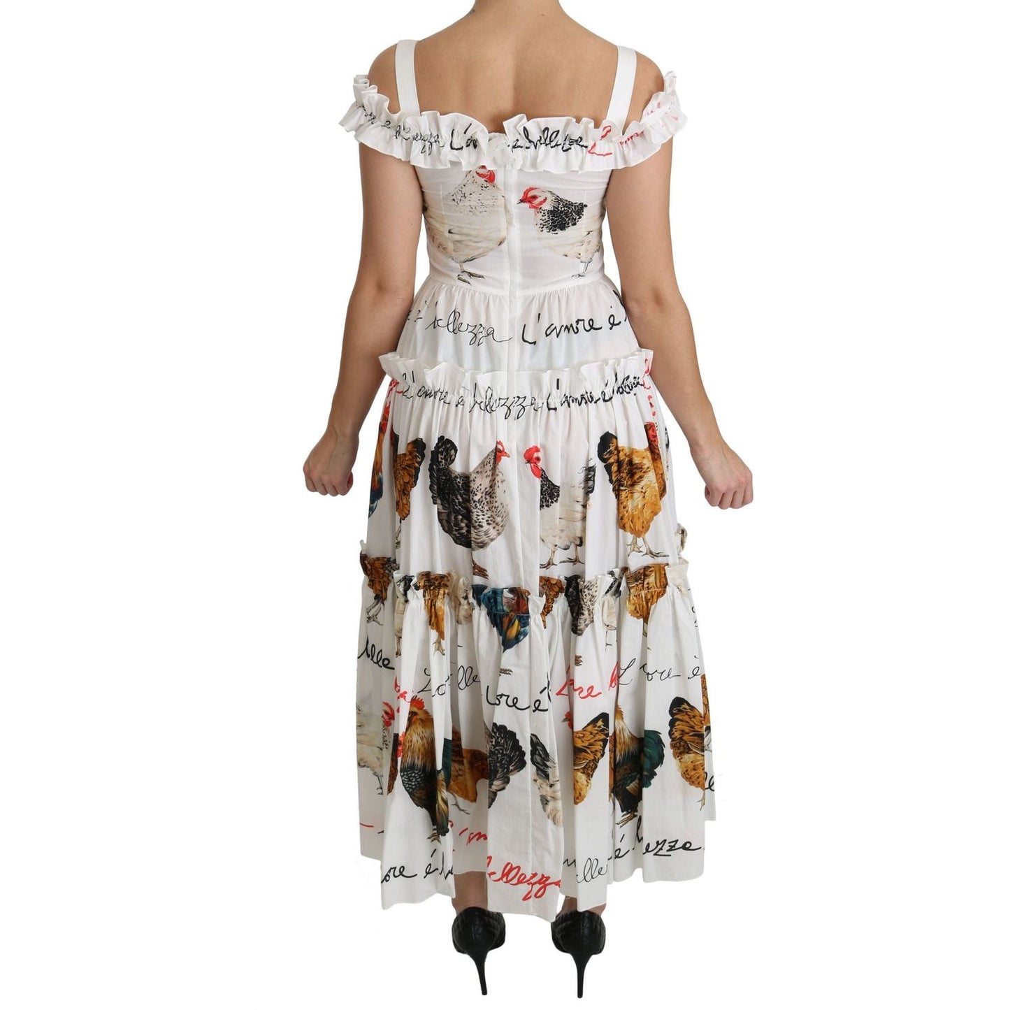 Dolce & Gabbana Elegant White Rooster Print Sheath Midi Dress Dolce & Gabbana Gray