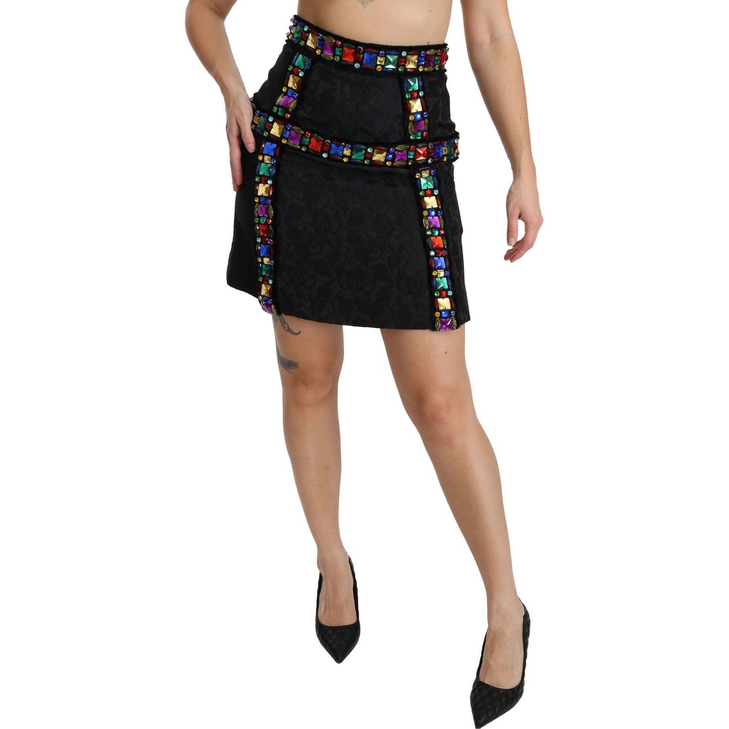 Dolce & Gabbana Elegant High-Waist Embellished Black Skirt Dolce & Gabbana Tan