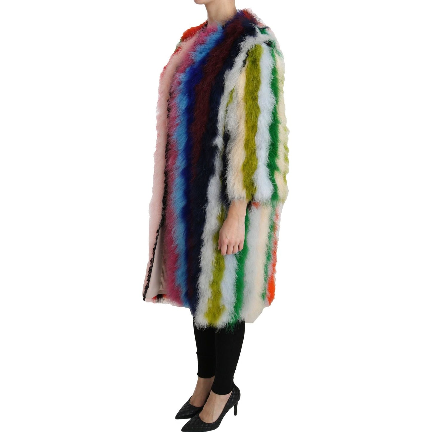 Dolce & Gabbana Elegant Multicolor Feather Long Coat Jacket Coats & Jackets Dolce & Gabbana Dark Slate Gray