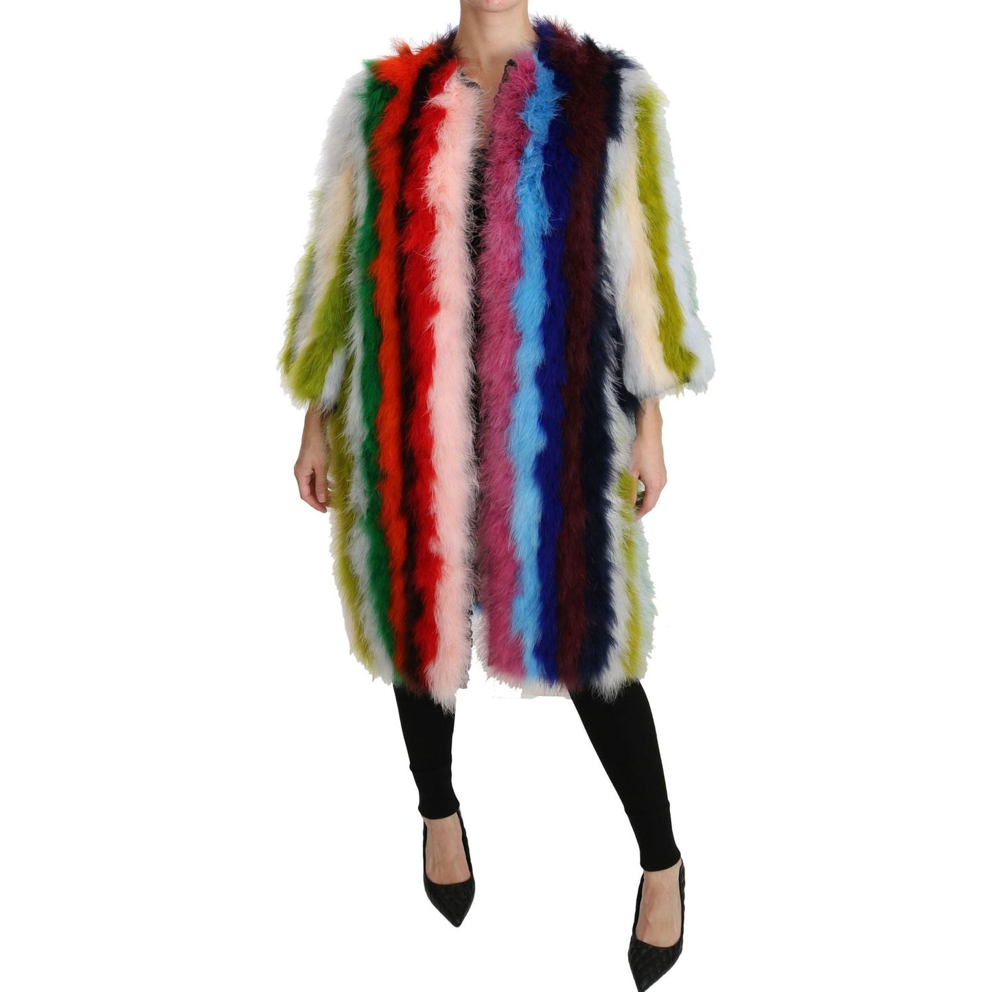 Dolce & Gabbana Elegant Multicolor Feather Long Coat Jacket Coats & Jackets Dolce & Gabbana Rosy Brown