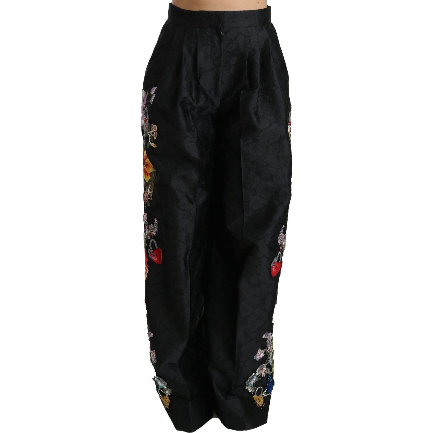 Dolce & Gabbana Elegant High Waist Wide Leg Floral Pants Dolce & Gabbana Black