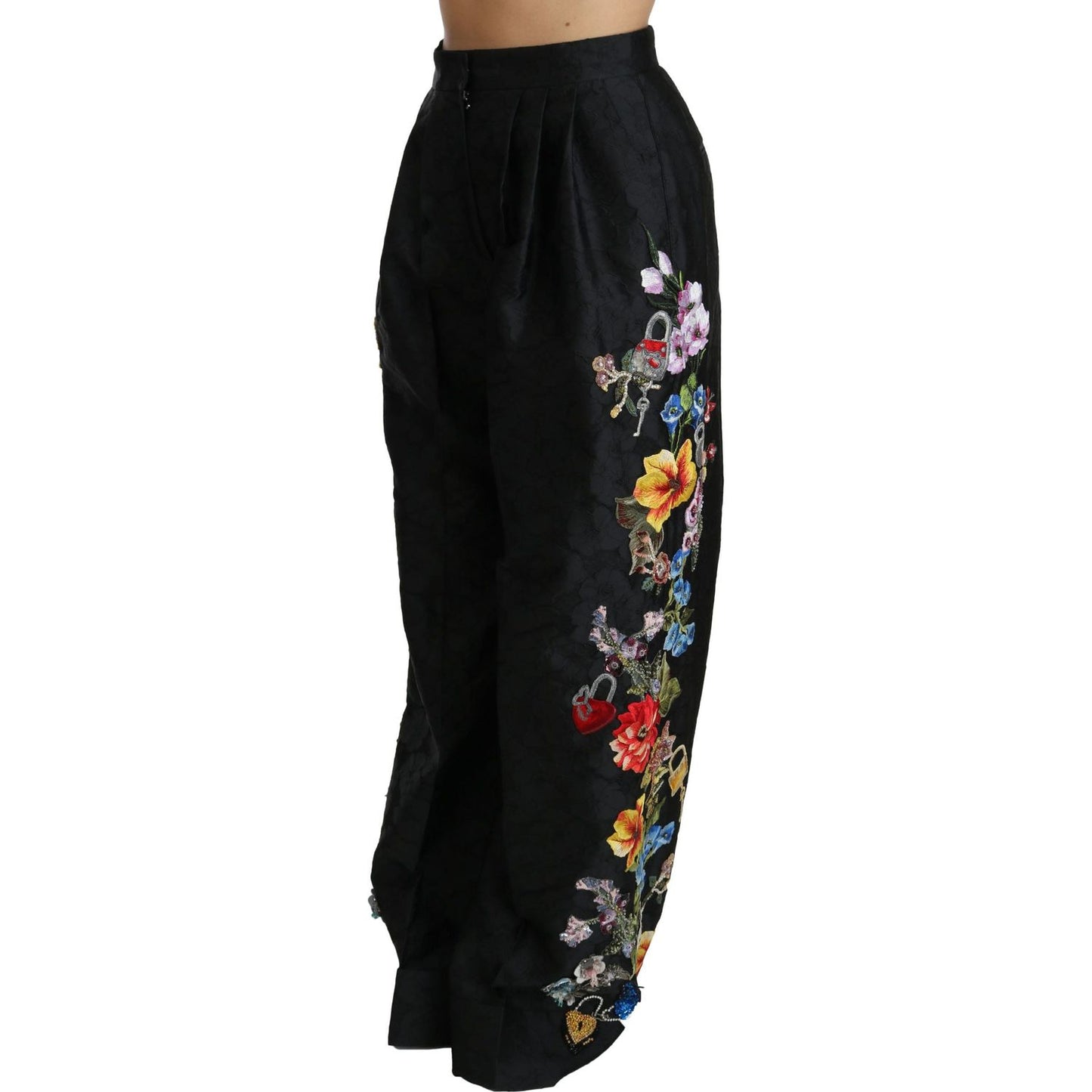 Dolce & Gabbana Elegant High Waist Wide Leg Floral Pants Dolce & Gabbana Black
