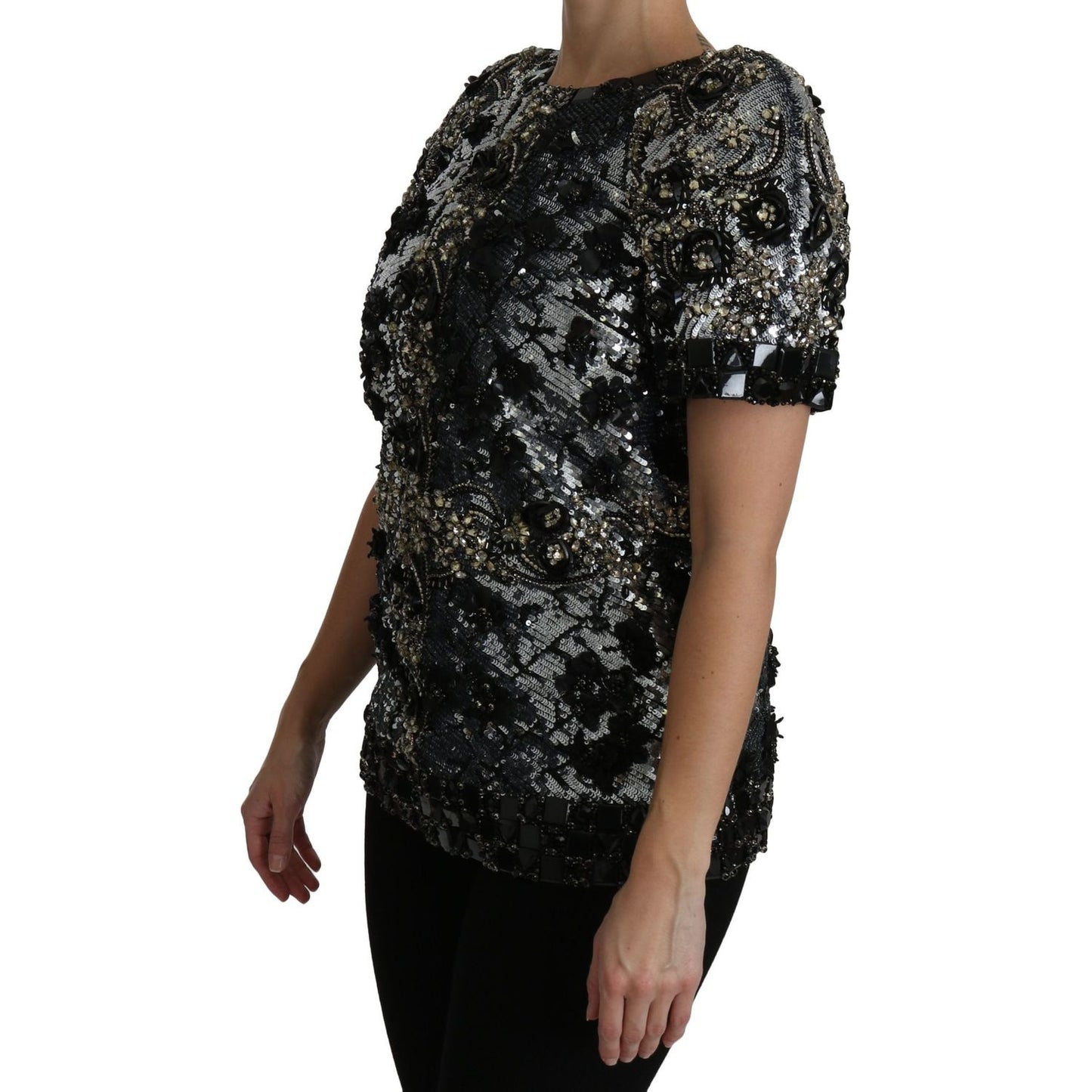 Dolce & Gabbana Sequined Crystal Embellished Crew Neck Top Dolce & Gabbana Rosy Brown