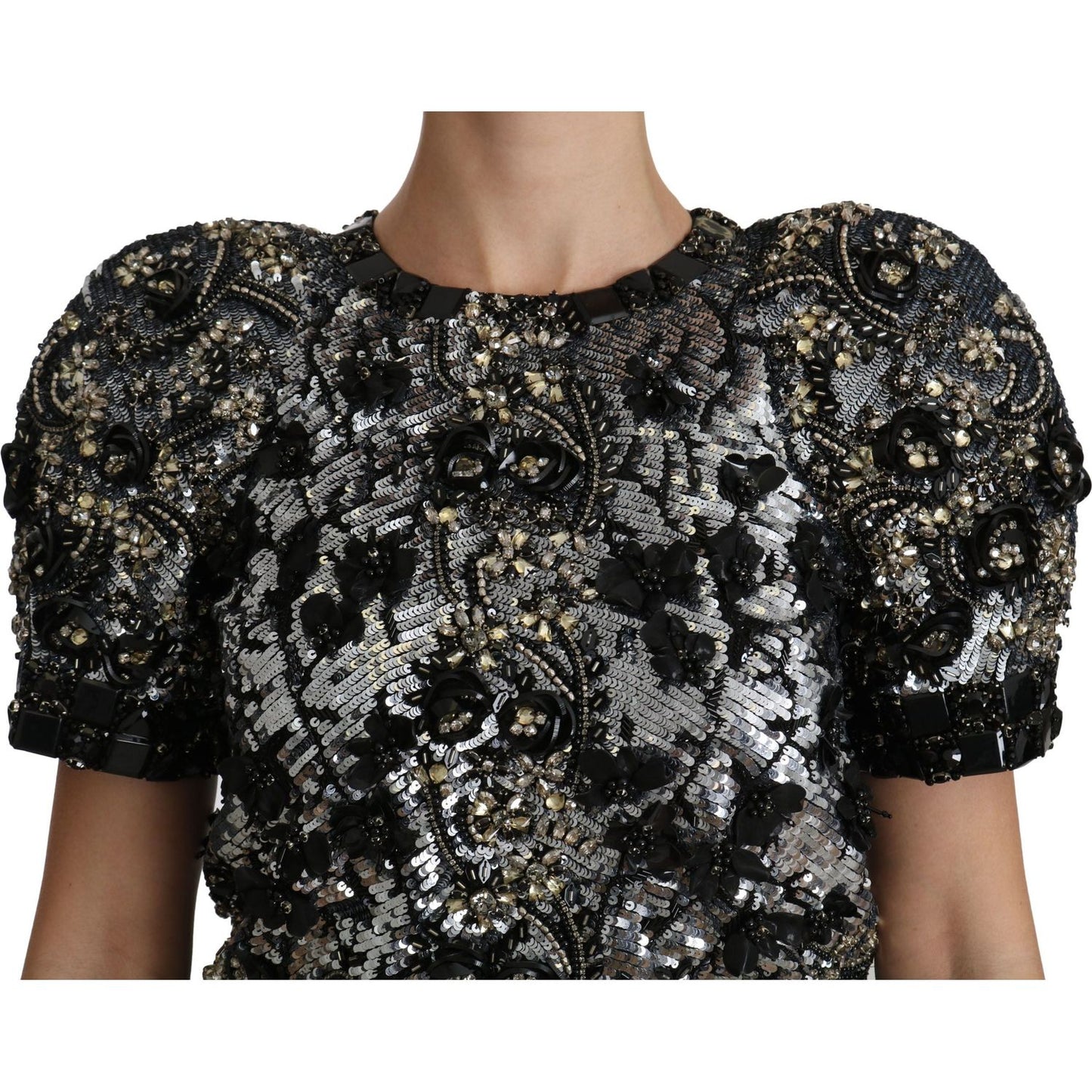 Dolce & Gabbana Sequined Crystal Embellished Crew Neck Top Dolce & Gabbana Black