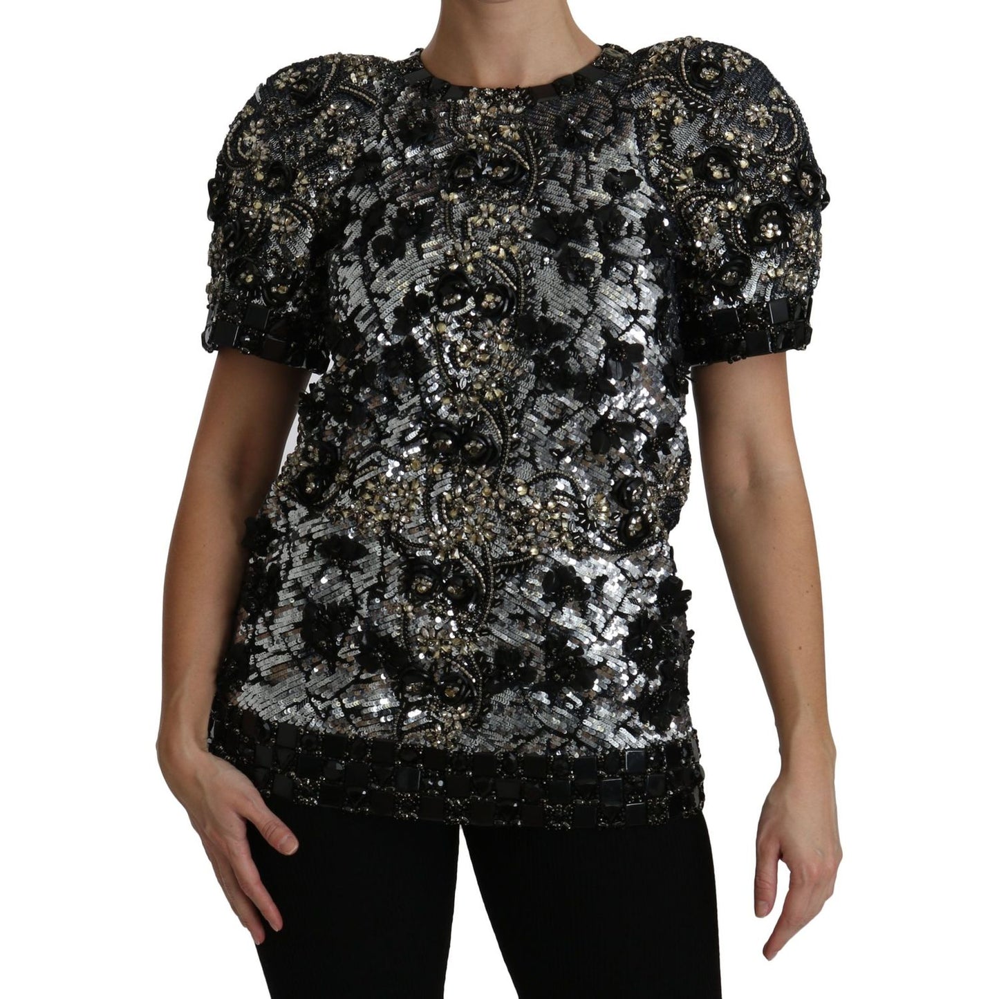 Dolce & Gabbana Sequined Crystal Embellished Crew Neck Top Dolce & Gabbana Black