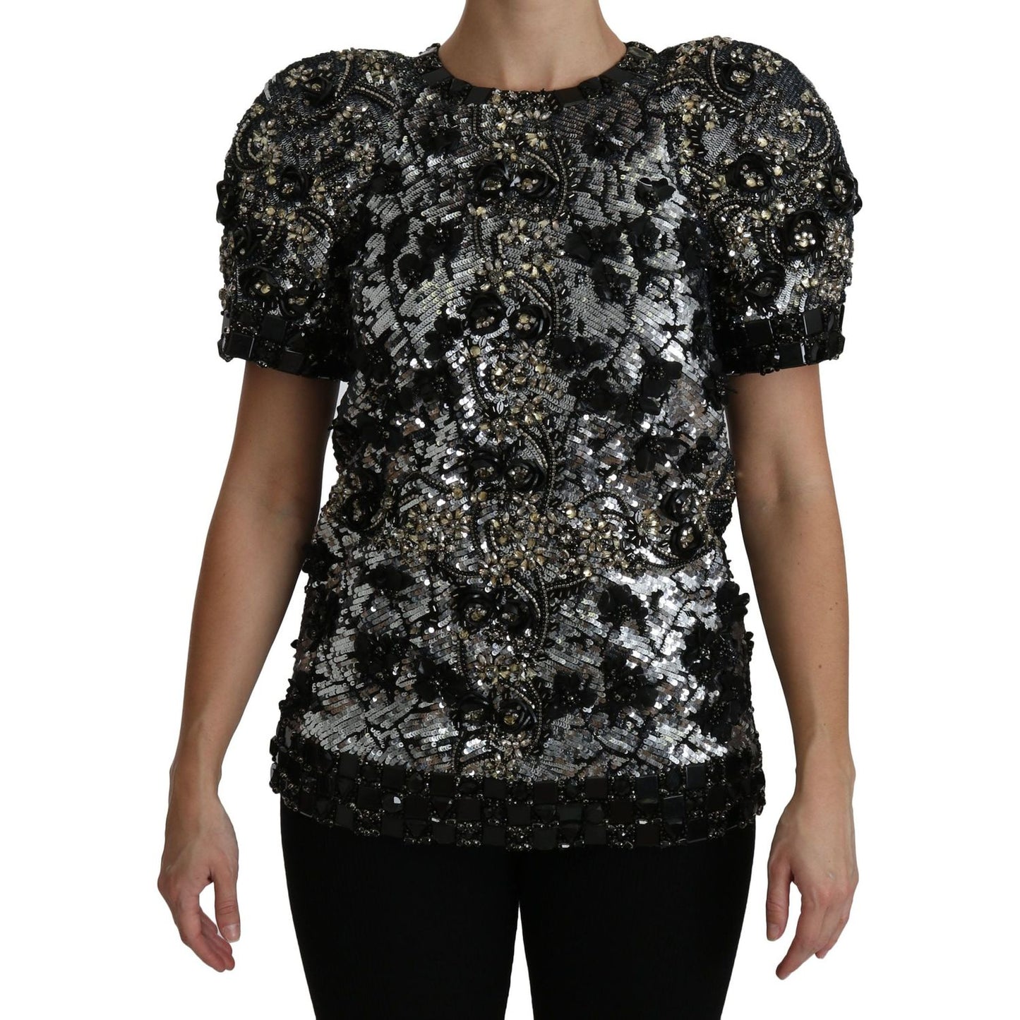 Dolce & Gabbana Sequined Crystal Embellished Crew Neck Top Dolce & Gabbana Rosy Brown