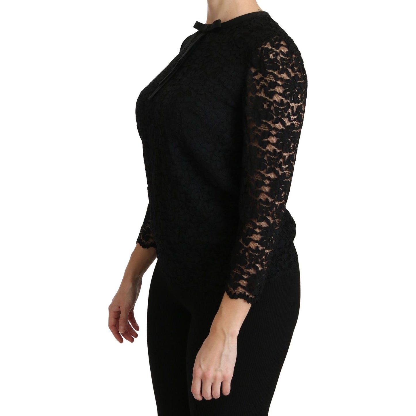 Dolce & Gabbana Elegant Black Lace Crew Neck Blouse Dolce & Gabbana Black