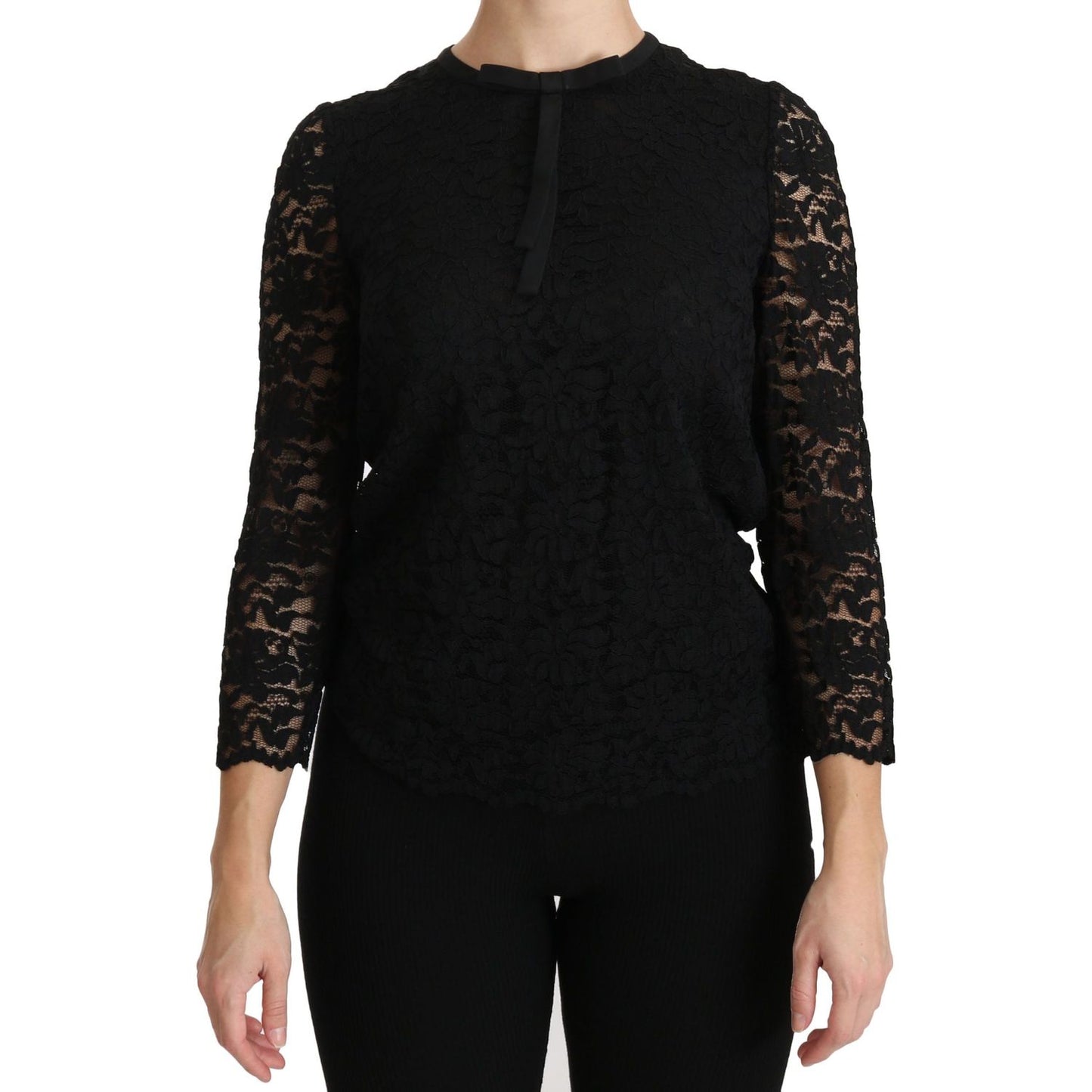 Dolce & Gabbana Elegant Black Lace Crew Neck Blouse Dolce & Gabbana Black