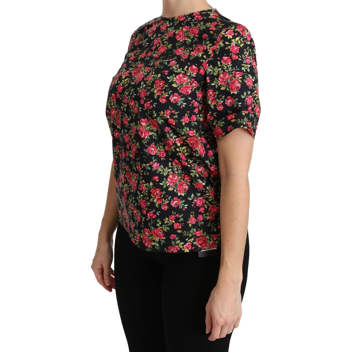 Dolce & Gabbana Elegant Black Floral Crew Neck Top Dolce & Gabbana Rosy Brown