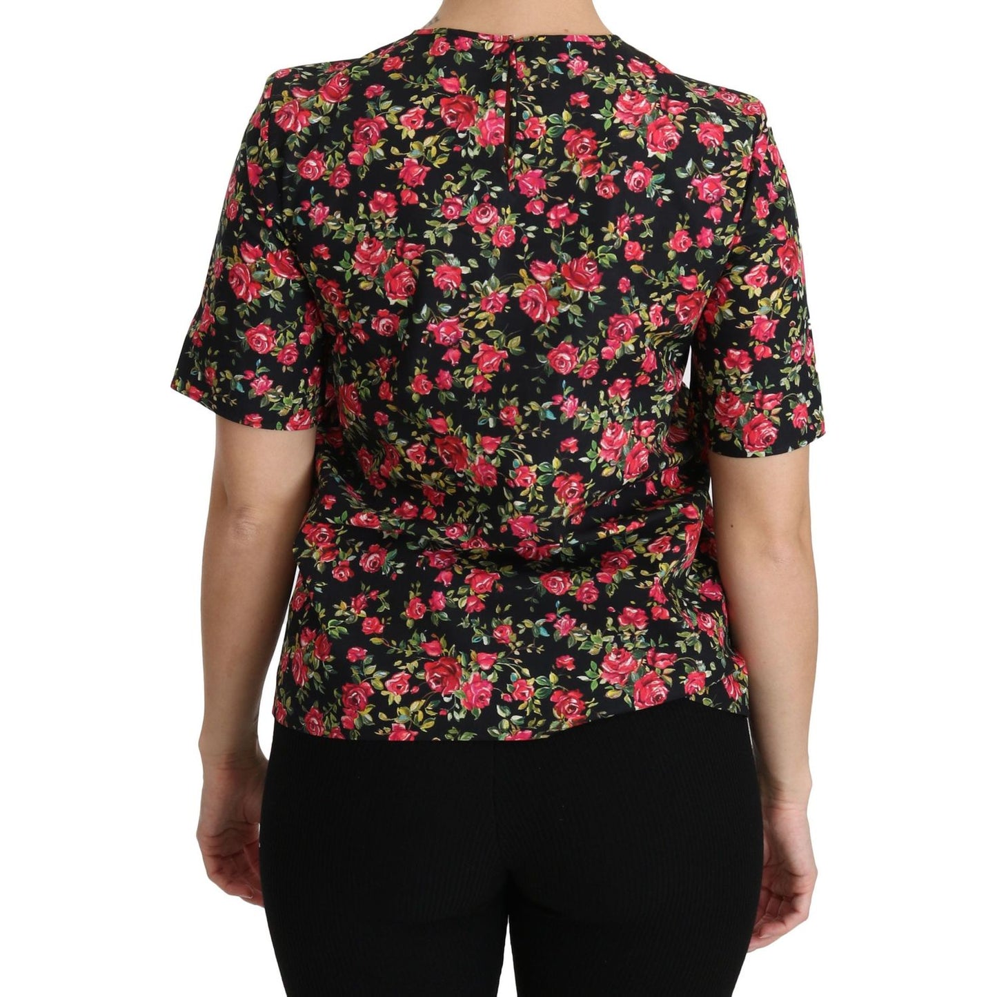 Dolce & Gabbana Elegant Black Floral Crew Neck Top Dolce & Gabbana Rosy Brown