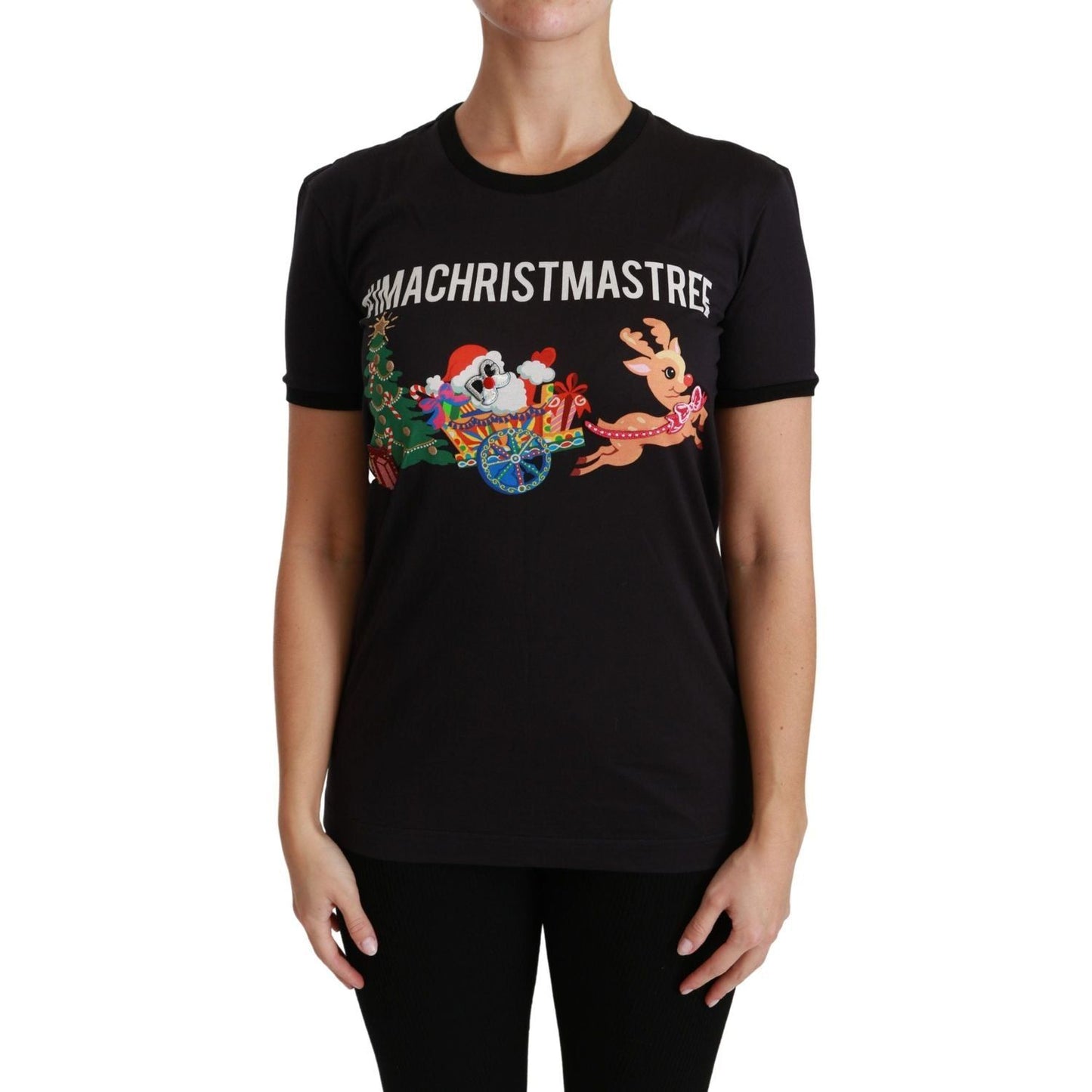 Dolce & Gabbana Black Cotton Crewneck Tee with Unique Print Dolce & Gabbana Rosy Brown