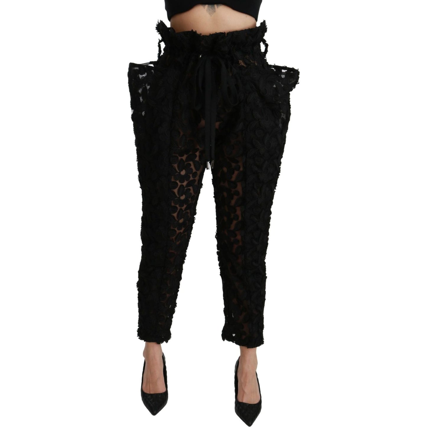 Dolce & Gabbana Chic Tapered High Waist Lace Pants Jeans & Pants Dolce & Gabbana Black