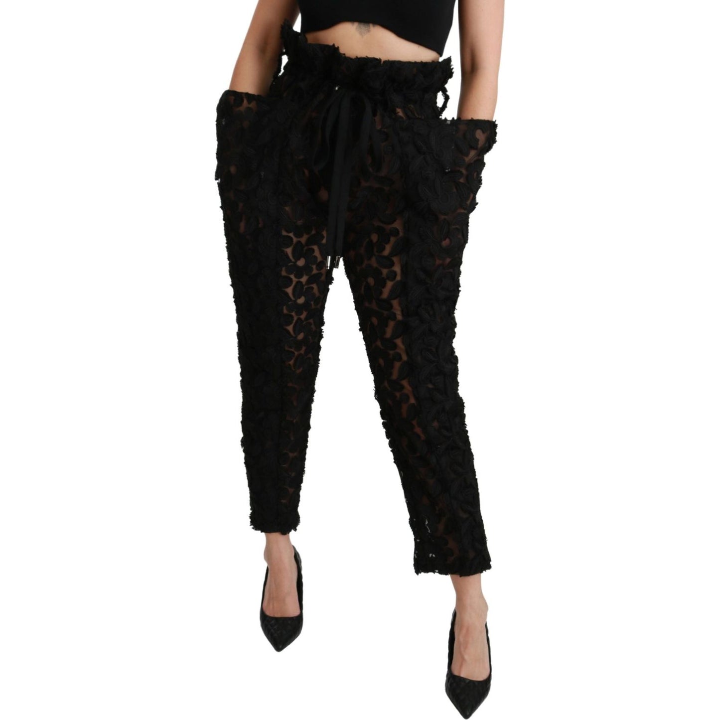 Dolce & Gabbana Chic Tapered High Waist Lace Pants Jeans & Pants Dolce & Gabbana Black