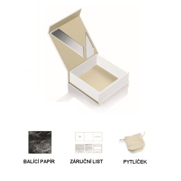 Open jewelry box with packaging materials including paper, warranty card, and pouch.