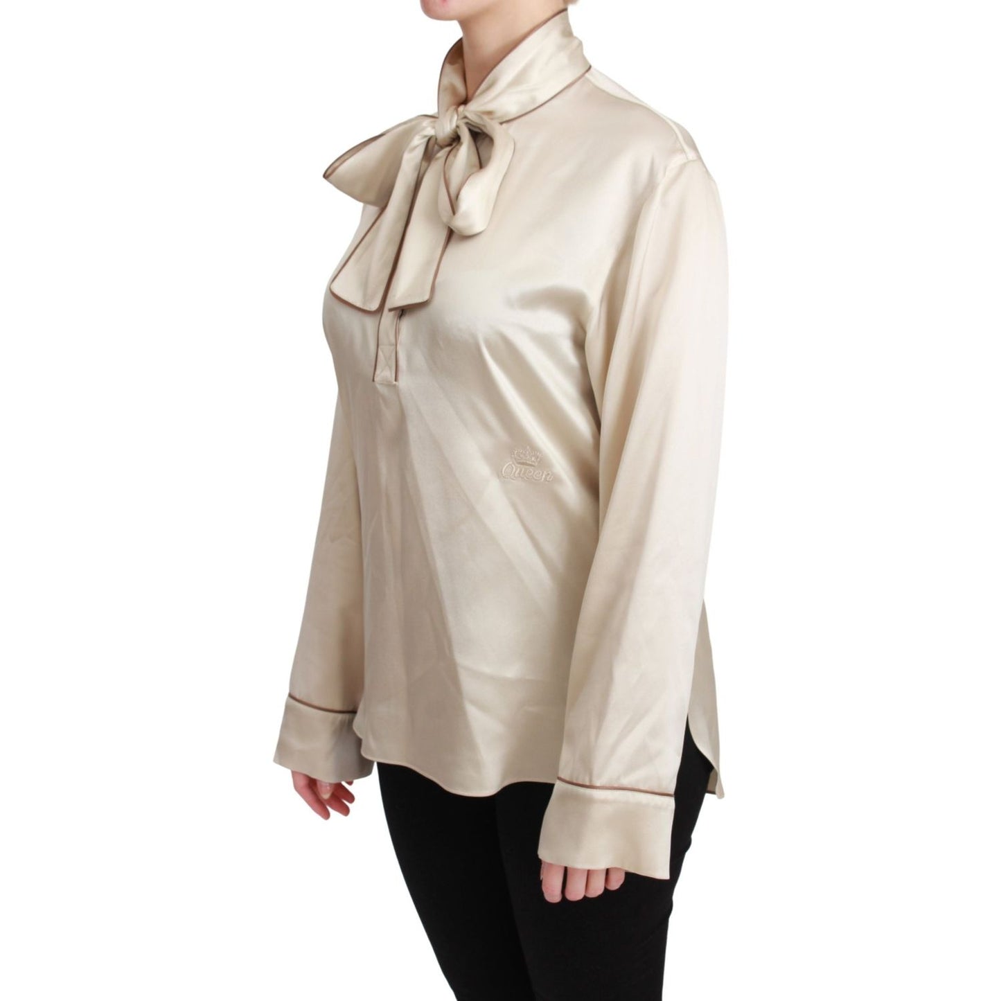 Dolce & Gabbana Elegant Beige Silk Satin Blouse with QUEEN Embroidery Dolce & Gabbana Gray