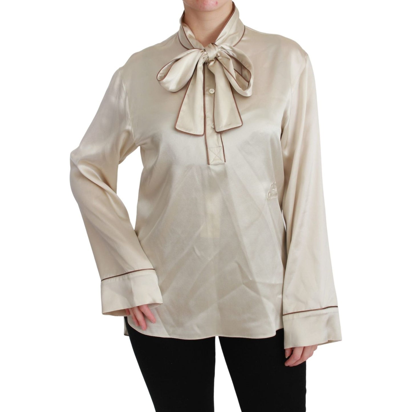 Dolce & Gabbana Elegant Beige Silk Satin Blouse with QUEEN Embroidery Dolce & Gabbana Dark Gray