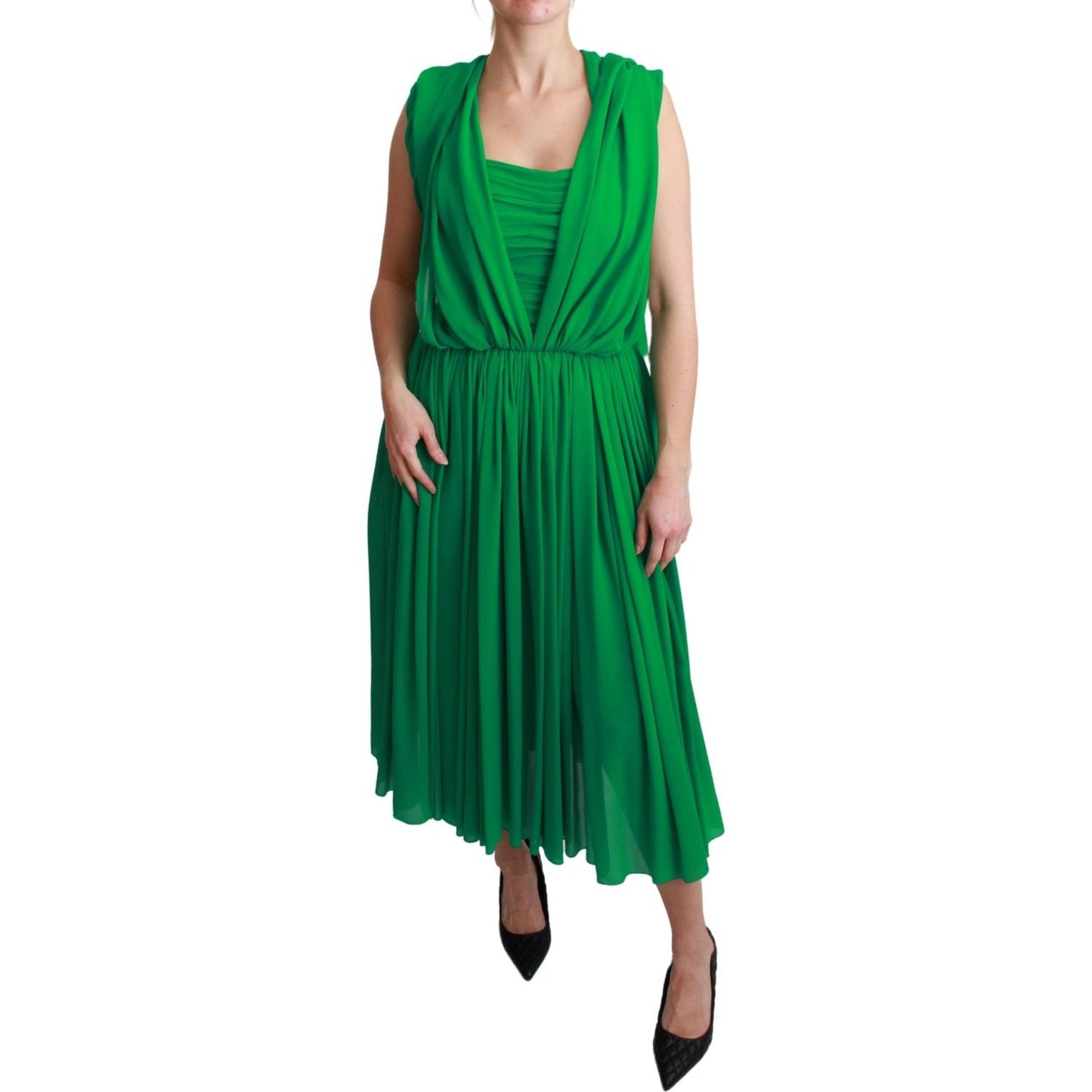 Dolce & Gabbana Elegant Sleeveless Pleated Silk Maxi Dress Dress Dolce & Gabbana Dark Slate Gray