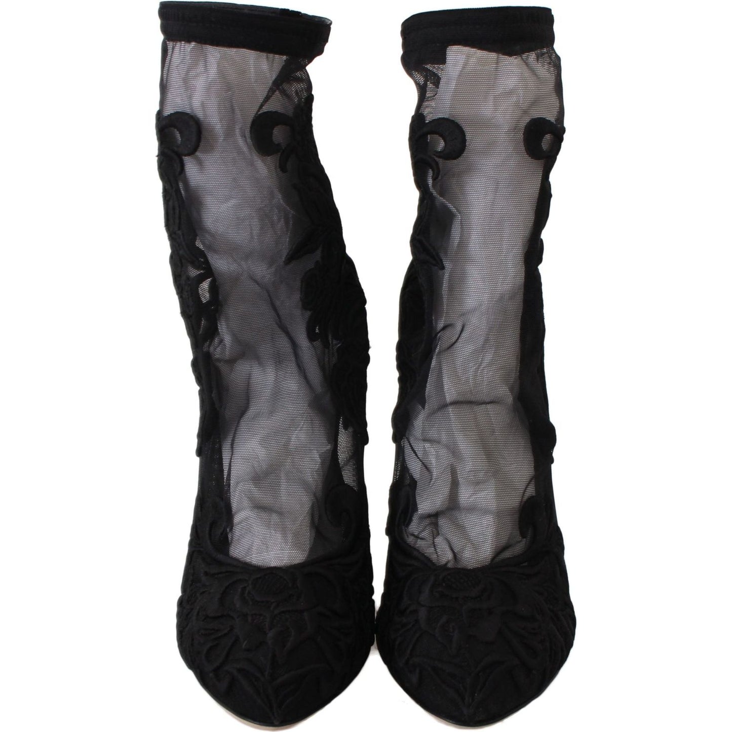 Dolce & Gabbana Embroidered Floral Stiletto Socks Booties Shoes Dolce & Gabbana Black