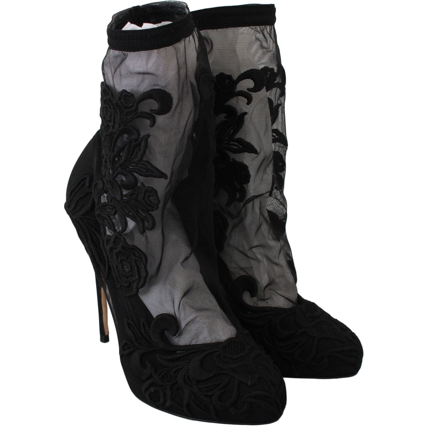 Dolce & Gabbana Embroidered Floral Stiletto Socks Booties Shoes Dolce & Gabbana Black
