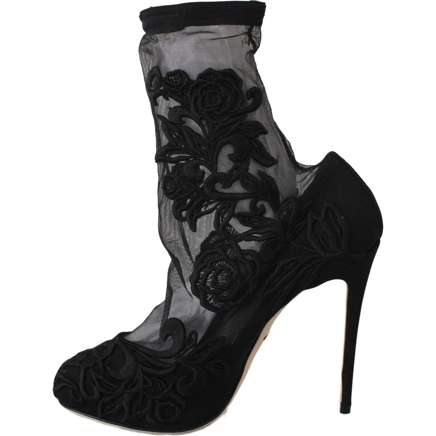 Dolce & Gabbana Embroidered Floral Stiletto Socks Booties Shoes Dolce & Gabbana Black
