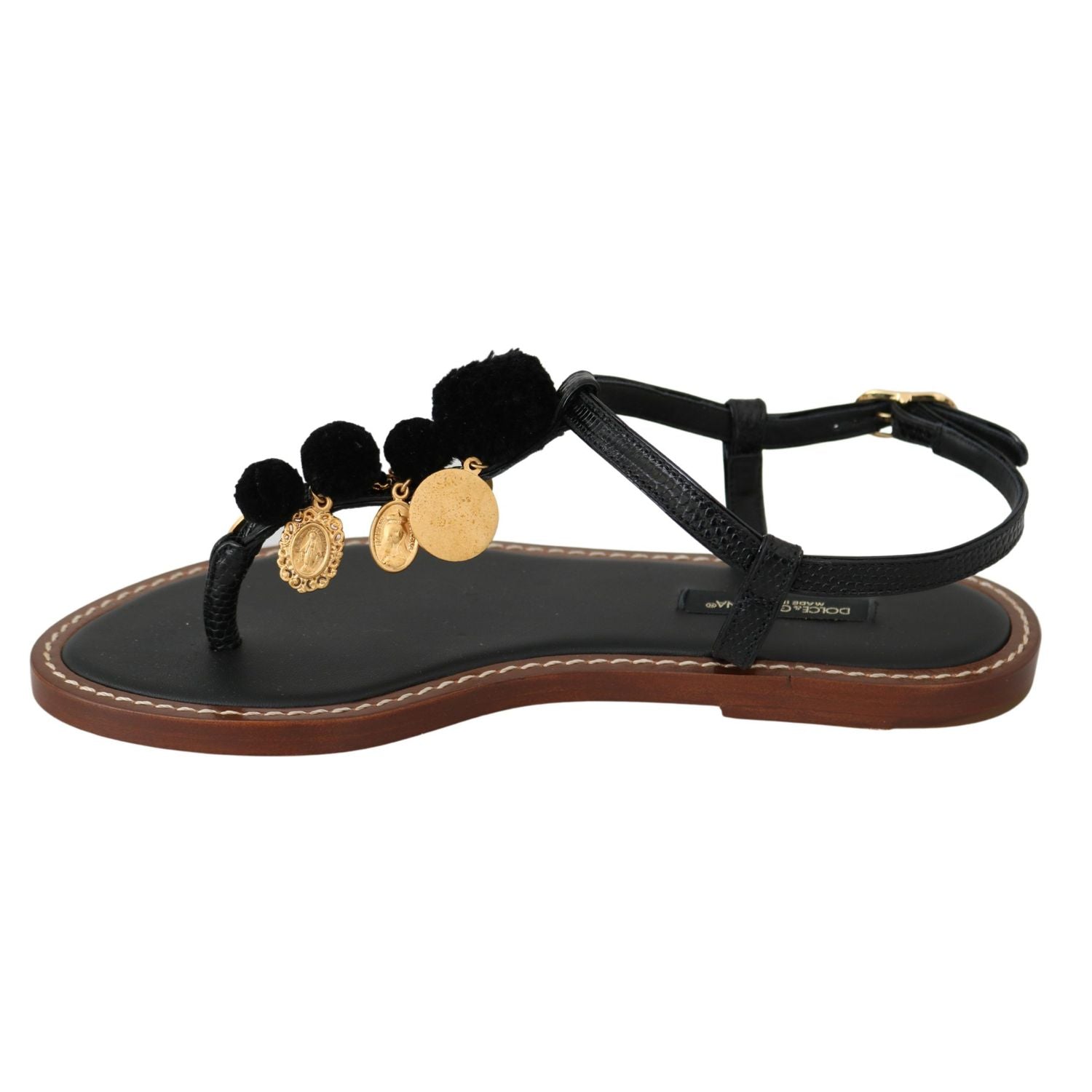 Dolce & Gabbana Black Leather Coins Flip Flops Sandals Shoes