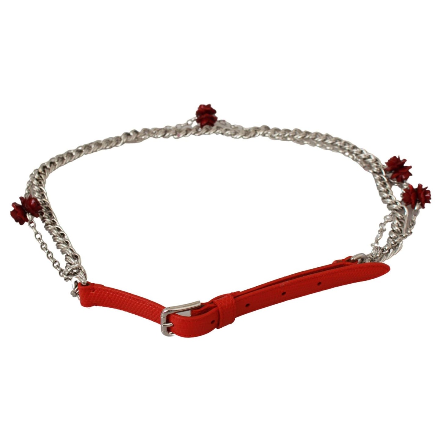 Dolce & Gabbana Red Leather Roses Floral Silver Waist Belt