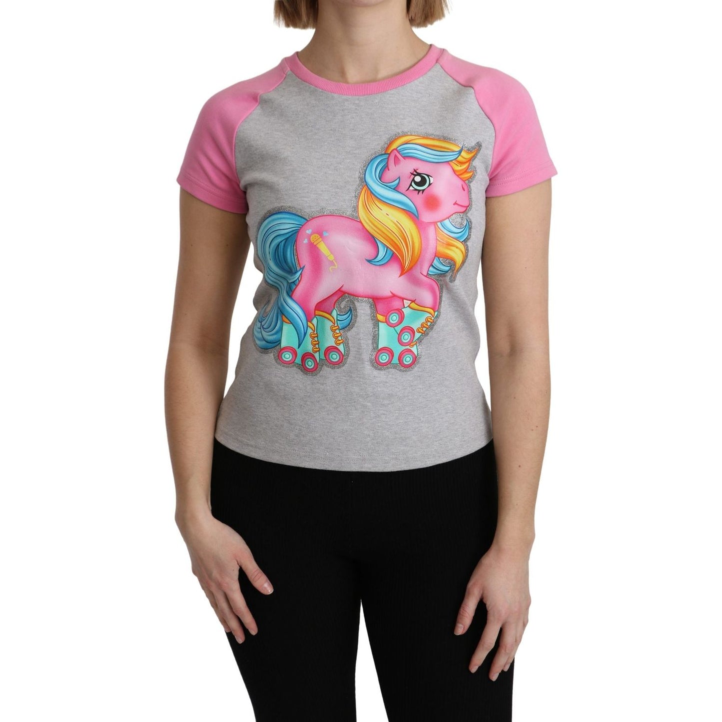 Moschino Chic Gray Crew Neck Cotton T-shirt with Pink Accents Moschino Rosy Brown