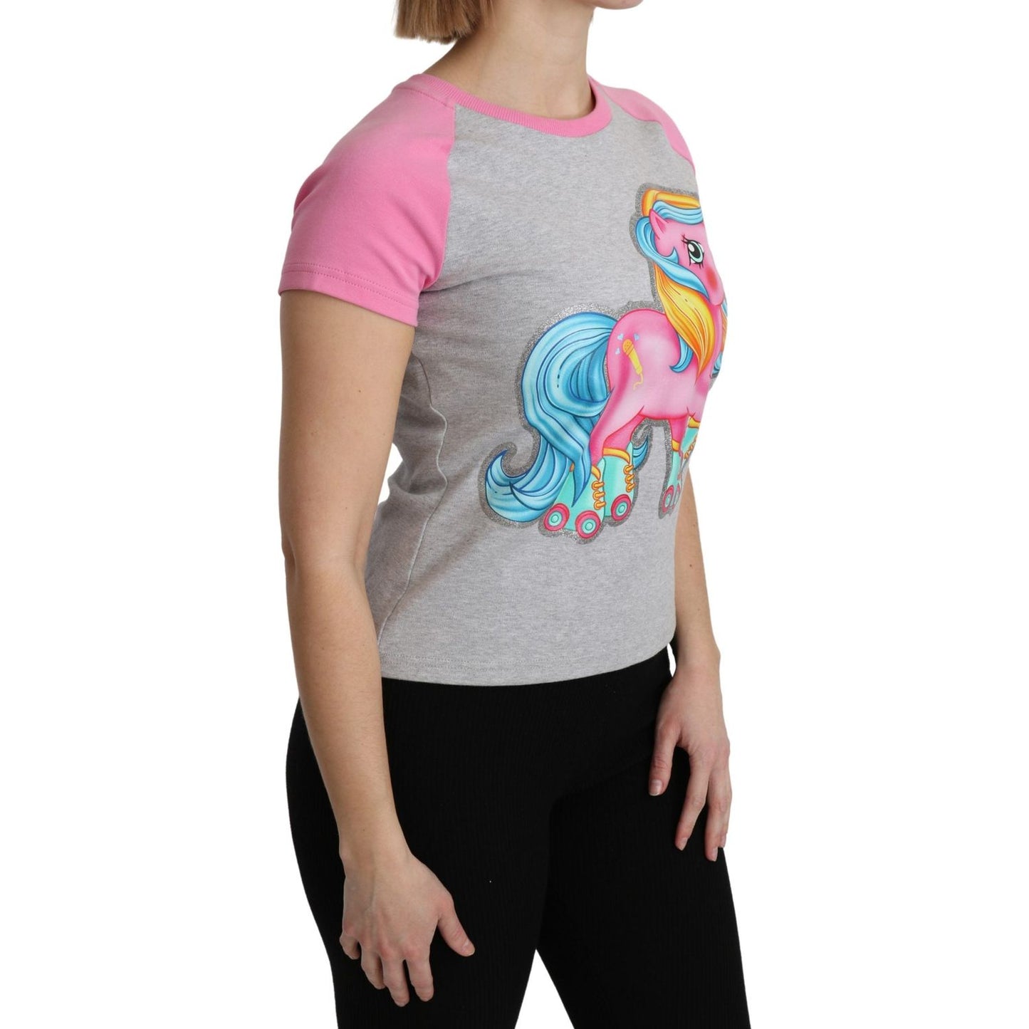 Moschino Chic Gray Crew Neck Cotton T-shirt with Pink Accents Moschino Rosy Brown
