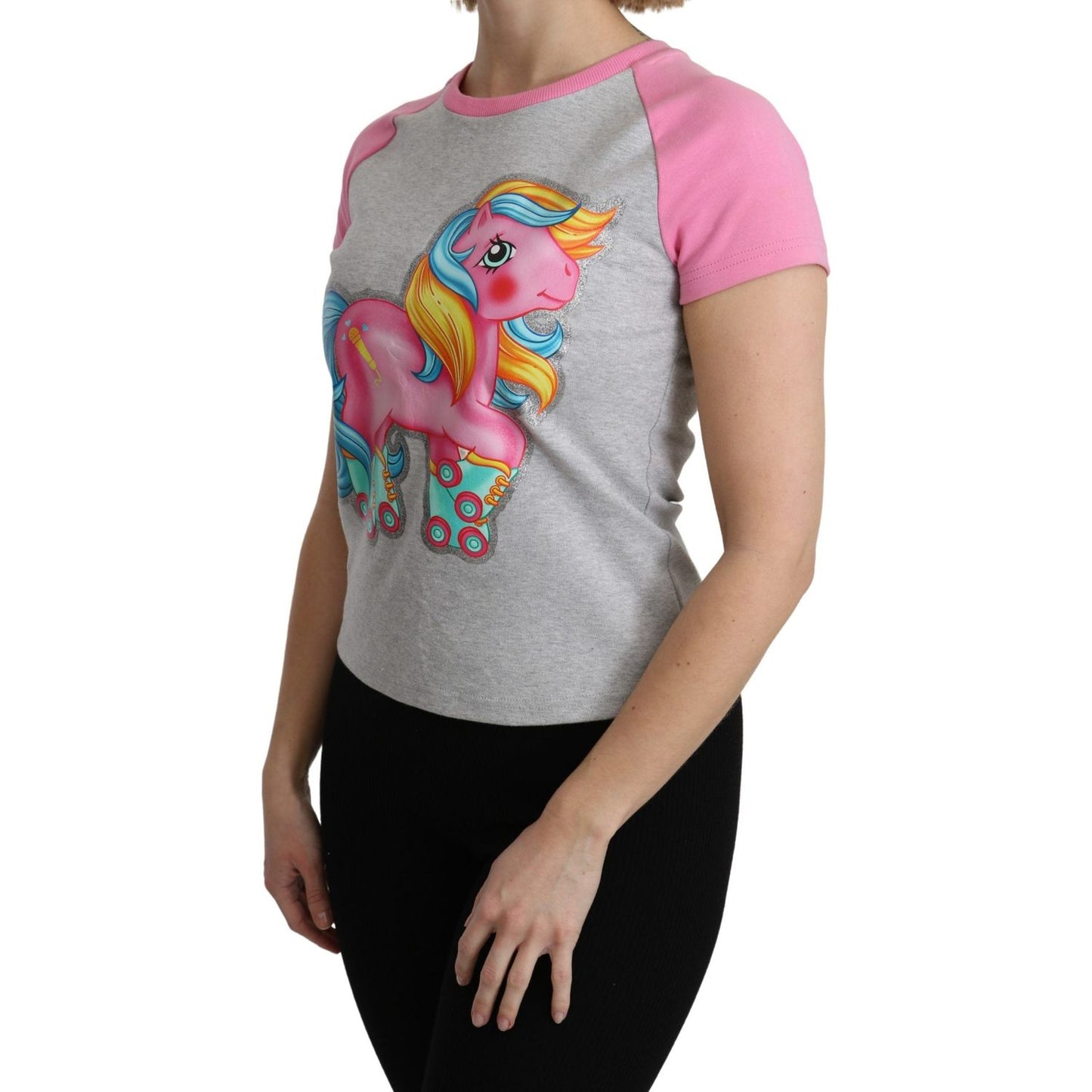 Moschino Chic Gray Crew Neck Cotton T-shirt with Pink Accents Moschino Rosy Brown