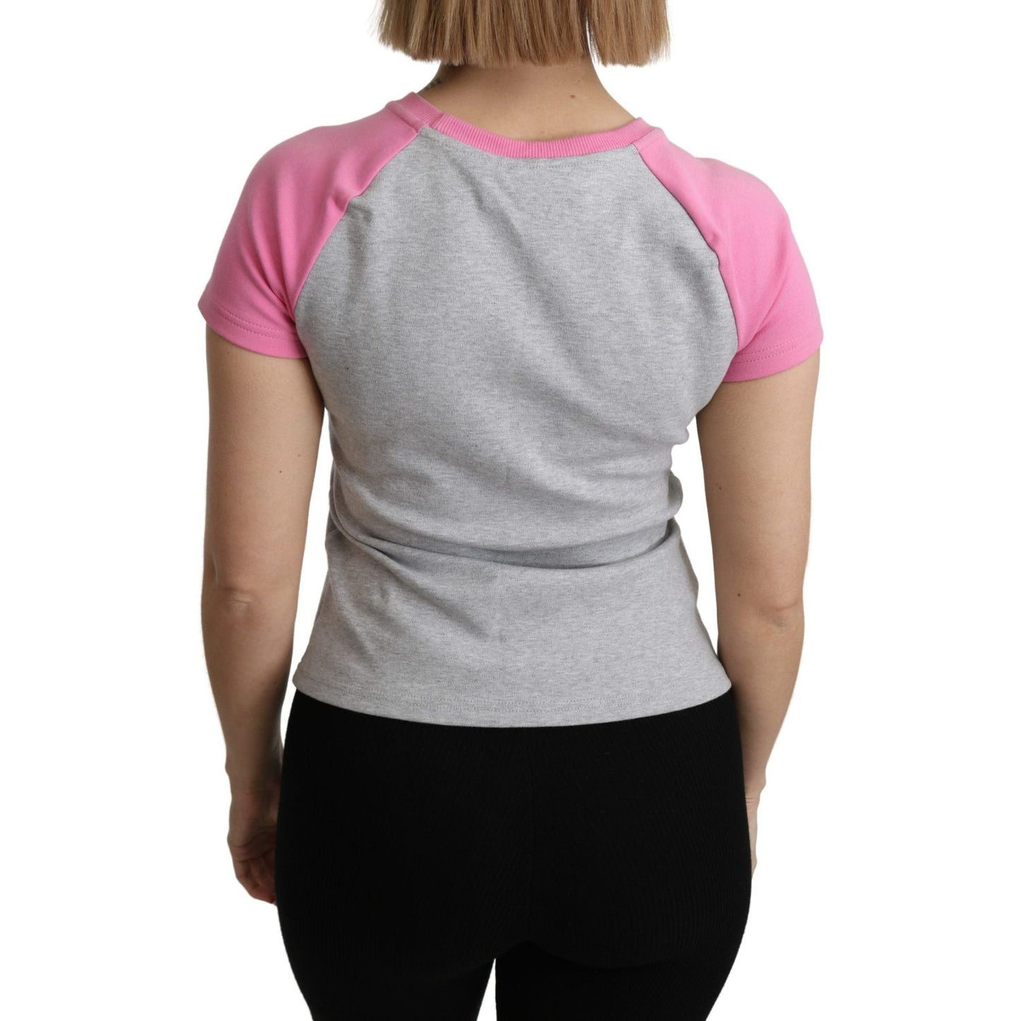 Moschino Chic Gray Crew Neck Cotton T-shirt with Pink Accents Moschino Dark Gray