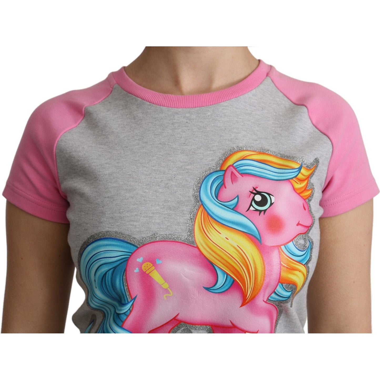 Moschino Chic Gray Crew Neck Cotton T-shirt with Pink Accents Moschino Rosy Brown