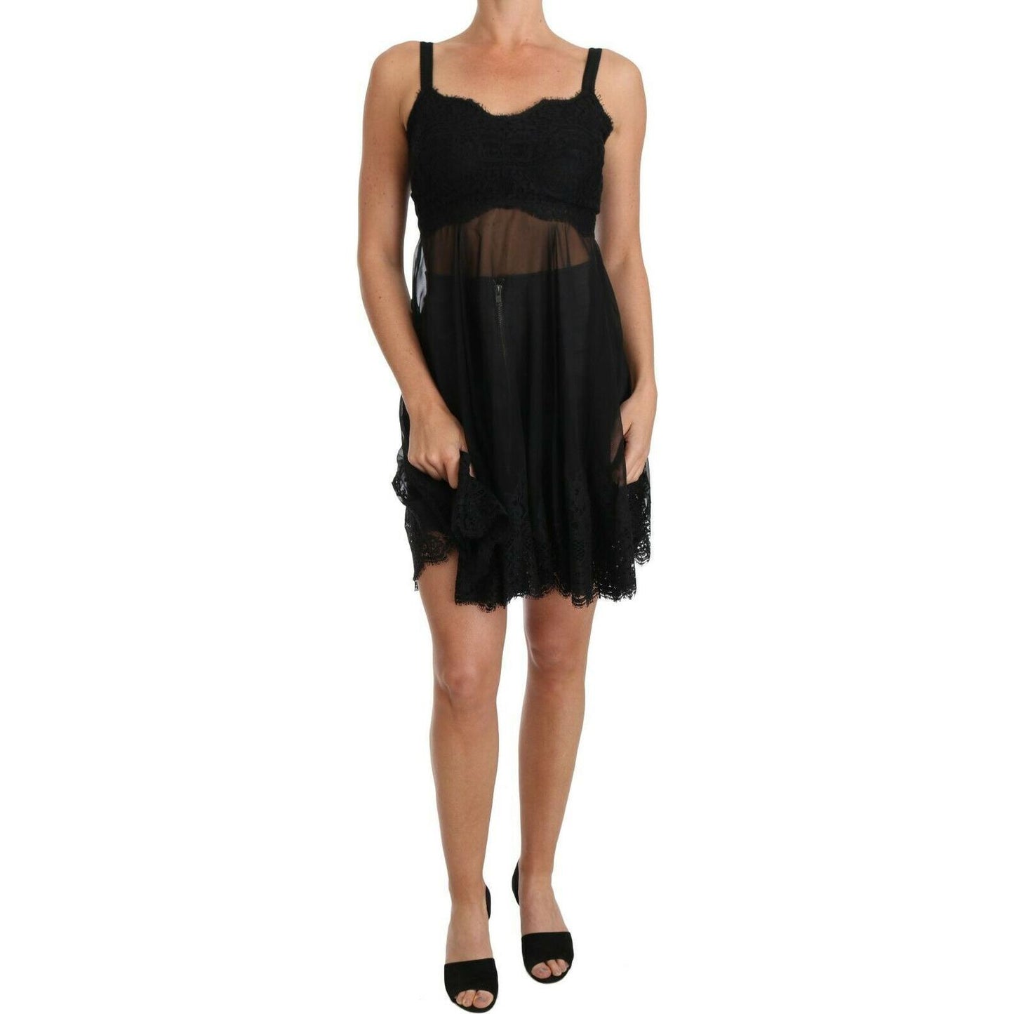 Dolce & Gabbana Elegant Black Silk Floral Lace Chemise Dress Dolce & Gabbana Rosy Brown
